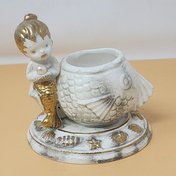 Vintage Napcoware Tuscan Alabastro Mermaid Fish Ceramic Toothpick/Trinket Holder - Picture 1 of 10